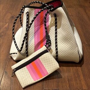 Chic White Satchel with Pink and Orange Stripes
